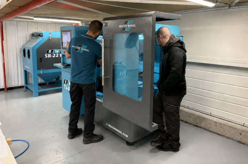 Formation sur le tour à jantes avec un employé